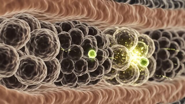 The juxtaglomerular apparatus, with granular cells releasing renin molecules that glow faintly as they enter circulation, nearby macula densa cells respond with subtle shifts in brightness