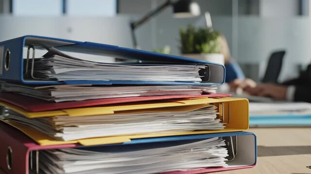Stacked Office Documents in Modern Workspace - A stack of colorful office documents is placed on a wooden desk in a modern office setting.
