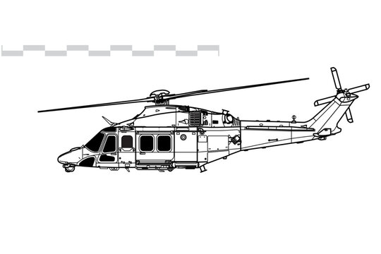 Boeing MH-139 Grey Wolf. Vector drawing of military transport helicopter. Side view. Image for illustration and infographics.