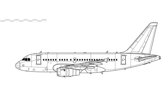 Airbus A318 CFM56. Vector drawing of short range airliner. Side view. Image for illustration and infographics.