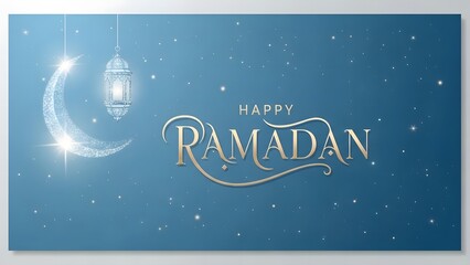 Happy Ramadan illustration with crescent moon lantern and starry night sky