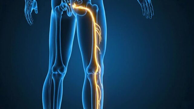Anatomy of human body showing the pelvis and spine in blue with yellow highlighted area