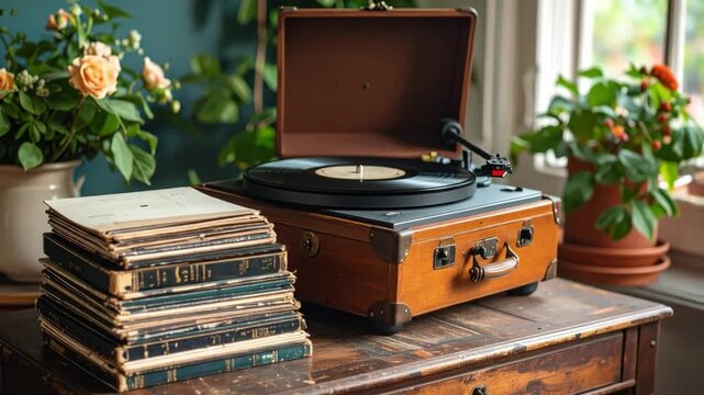 Vintage record player on wooden table with greenery and stack of vinyls