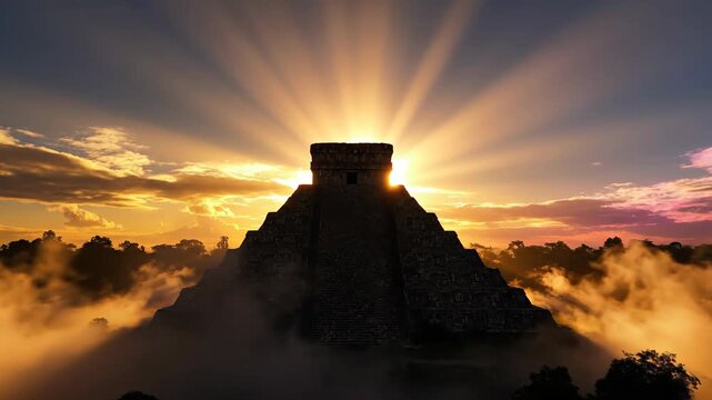 Spectacular Sunburst Behind the Ancient Chichen Itza Pyramid.