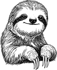 Detailed Hand-Drawn Sloth Portrait &ndash; Smiling Sloth Face and Claws Wildlife Vector Illustration on Transparent Background