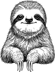 Detailed Hand-Drawn Sloth Illustration &ndash; Cute Smiling Sloth Portrait with Claws Wildlife Vector Art on Transparent Background
