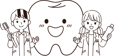 Dentist and Tooth Illustration &ndash; Isolated on Transparent Background Cute Dental Care Vector Line Art