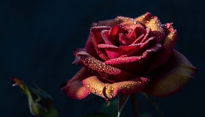 Red rose with morning dew drops, vibrant petals glistening in soft light