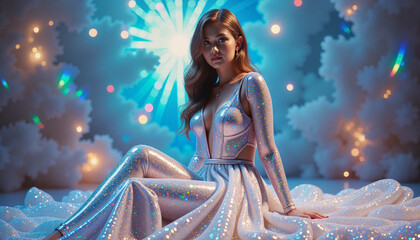 Shimmering dress captures an ethereal beauty with a cosmic backdrop featuring space for text, woman is radiant. Draped in fabric, shimmering dress catches light,