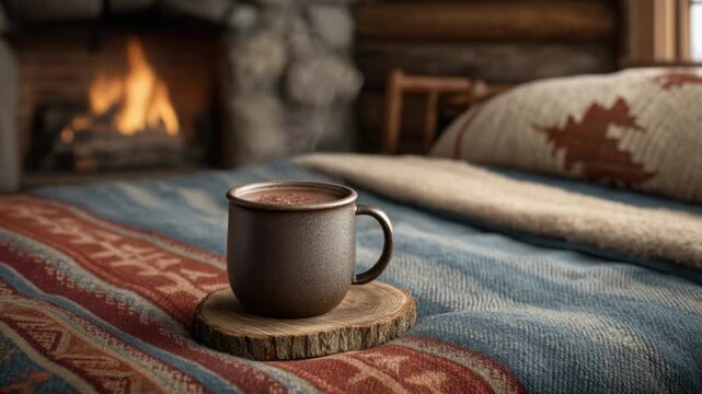 Warm Coffee Mug on Rustic Table with Smoky Fireplace in Cozy Cabin Setting for Autumn or Winter Moments 4k video footage