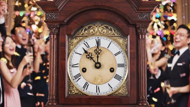 A close-up shot of a grandfather clock with a group of people celebrating in background
