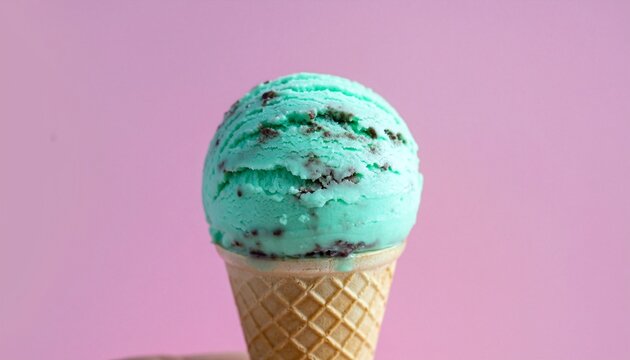 Refreshing mint chocolate chip ice cream scoop in a waffle cone on pink background - Powered by Adobe