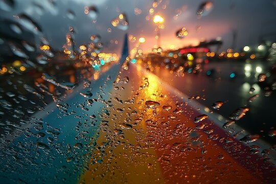 A poetic close-up of raindrops on an airplane window during takeoff. Generative AI