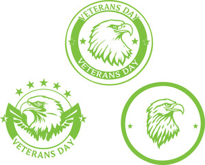 Green vector designs for veterans day featuring patriotic bald eagle head, stars, and celebratory text