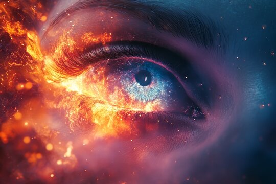 Close-up Macro of Human Eye with Fiery Galaxy and Cosmic Nebula Reflections