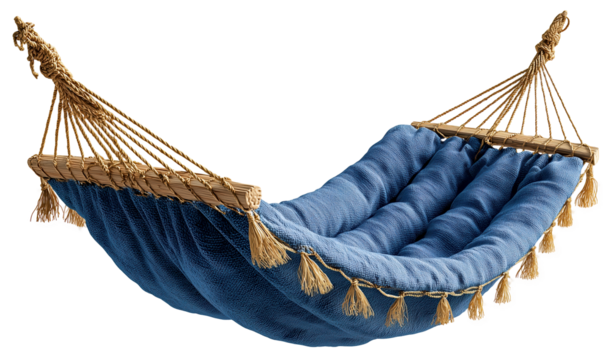 Blue hammock cotton fabric braided rope wooden spreader bar tassel detail bohemian style cozy relaxation leisure home decor, isolated