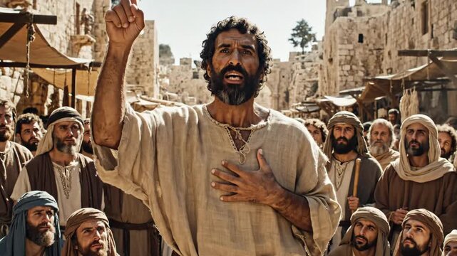 Apostle Preaching in Jerusalem - A man in simple clothing stands amongst a crowd in Jerusalem, raising his hand as if preaching or speaking. He appears to be addressing the crowd with conviction.