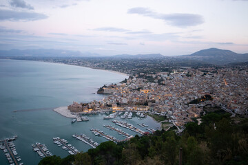 Overhead shot of Castellammare del Golfo at sunset from a Viewpoint, Sicily, Italy