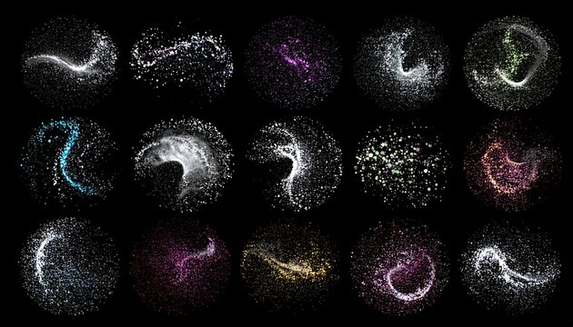Fifteen circular arrangements of colorful particle effects against a stark black background