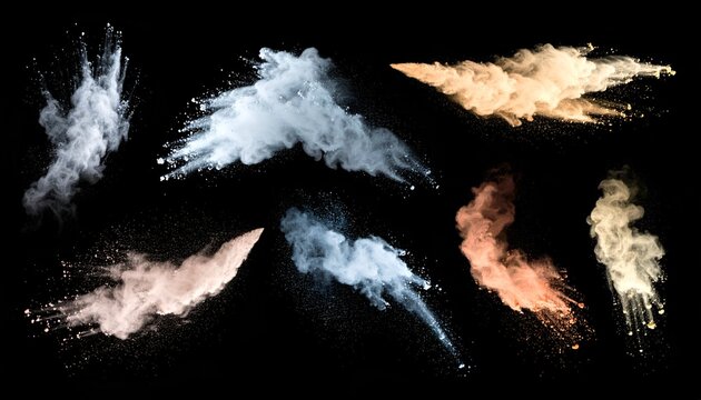 Assortment of colorful powder explosions and plumes against black background