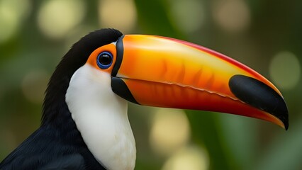 Fototapeta premium Close-up profile of a vibrant toucan with a large orange and yellow beak and blue eye ring.