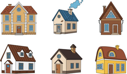 Fototapeta premium Cartoon Residential House Collection with Different Home Styles Roofs and Facades Colorful Flat Vector Illustration Set