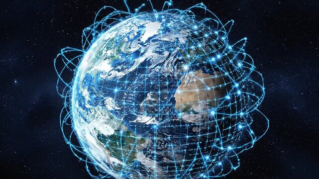Global Digital Grid Growing Over Earth Looped Net 3d Animation