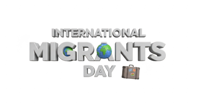 International migrants day text with a globe and suitcase isolated on transparent background