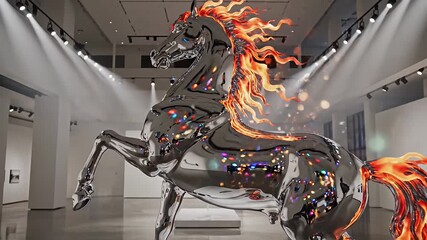 Majestic chrome horse sculpture with fiery mane and tail in modern art gallery glittering with vibrant reflections and abstract light particles dynamic museum - Powered by Adobe