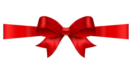 Red glossy ribbon bow with long tails, decorative vector gift wrap element for packaging, cards, holidays, Christmas, birthday, celebration and marketing design