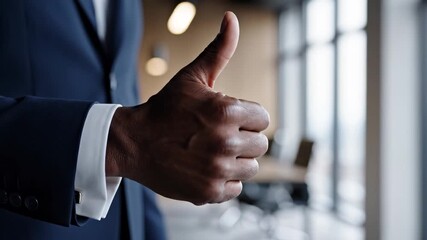 Businessman gives confident thumbs up gesture in modern office setting positive approval signal for corporate success and team motivation - Powered by Adobe