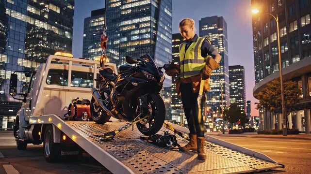Tow Truck Driver Securing Motorcycle on Flatbed - A female tow truck driver in a safety vest is securing a black motorcycle to a flatbed tow truck with yellow straps in an urban setting during golden