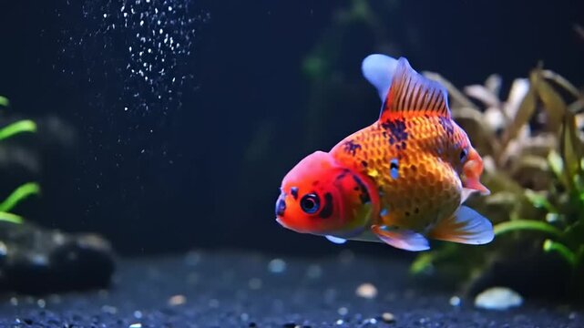 Colorful Fancy Oranda Goldfish Swimming in a Planted Aquarium.