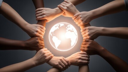 Hands holding together around a glowing earth symbolizing unity and global connection