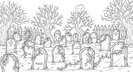 Fototapeta premium Spooky Haunted Cemetery Scene with Headstones and Full Moon Under Bare Trees