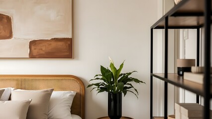 Cozy bedroom interior with rattan headboard and abstract art