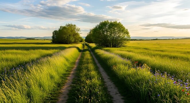 Dirt road through green field with trees under a partly cloudy sky - Powered by Adobe