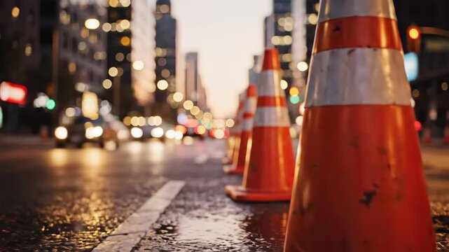 Traffic Cones on City Roadway - A line of orange and white traffic cones borders a wet city roadway, with blurred cars and city lights in the soft focus background.