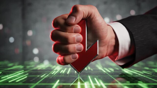 Businessman hand gripping red downward arrow over glowing green financial data dashboard for stock market decline or cost reduction concept