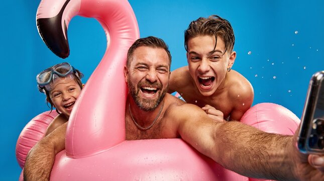 Man and two boys taking selfie with pink flamingo float on blue background - Powered by Adobe