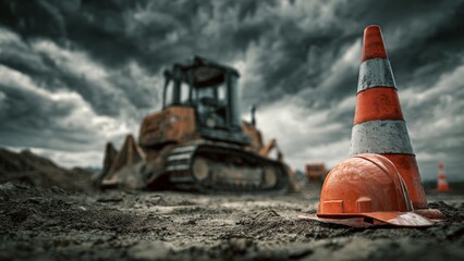 Construction safety focus bulldozer helmet and cone under dramatic cloudy sky at site