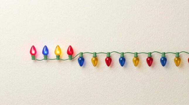 String of colorful Christmas lights with first few bulbs glowing on beige paper
