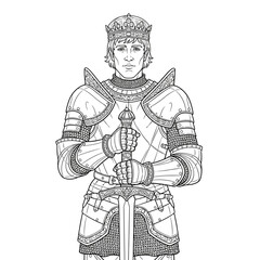 Obraz premium Majestic Medieval Knight Holding Sword and Scepter Wearing Full Armor and Crown