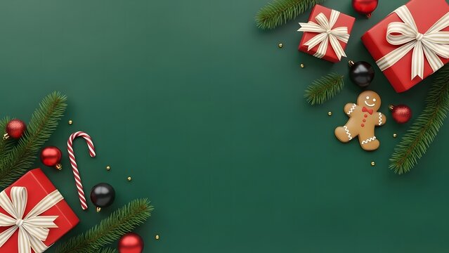 Festive christmas arrangement with red gifts gingerbread man and green fir branches