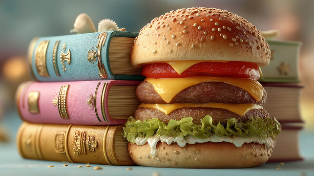 Burger with books stacked instead patties food education concept creative design humorous art modern generated AI - Powered by Adobe