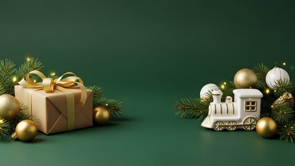 Elegant christmas still life with gift train and gold ornaments