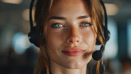 Confident young woman with headset working in bright office realistic closeup portrait soft lighting