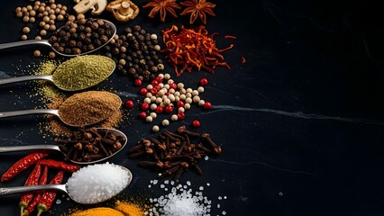 Assortment of spices in spoons on dark background with copy space