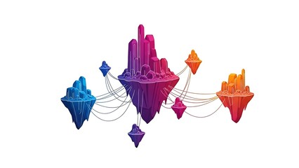 Abstract floating islands with vibrant crystal formations and connecting wires
