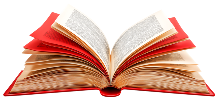 Open book red cover pages literature education study reading knowledge hardcover learning glow in quiet mood, isolated